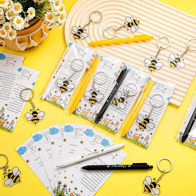 Highergo 100 Pcs Baby Shower Party Favors Bulk 50 Animal Keychains 50 Ballpoint Pens with Thank You Cards Gender Reveal Gift for Guest Baby Shower Souvenir Prize(Bee)