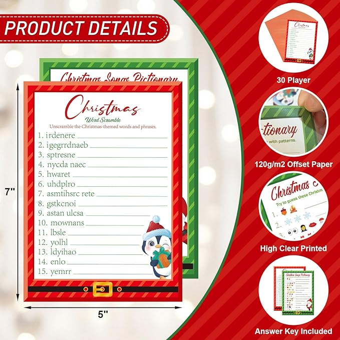 COCHIE 30 Players Christmas Party Games for Adults Family Office Large Groups, Xmas Parties Songs Pictionary Game, Guesstures Game, Word Scramble Games with Answer Key (Santa & Penguin)