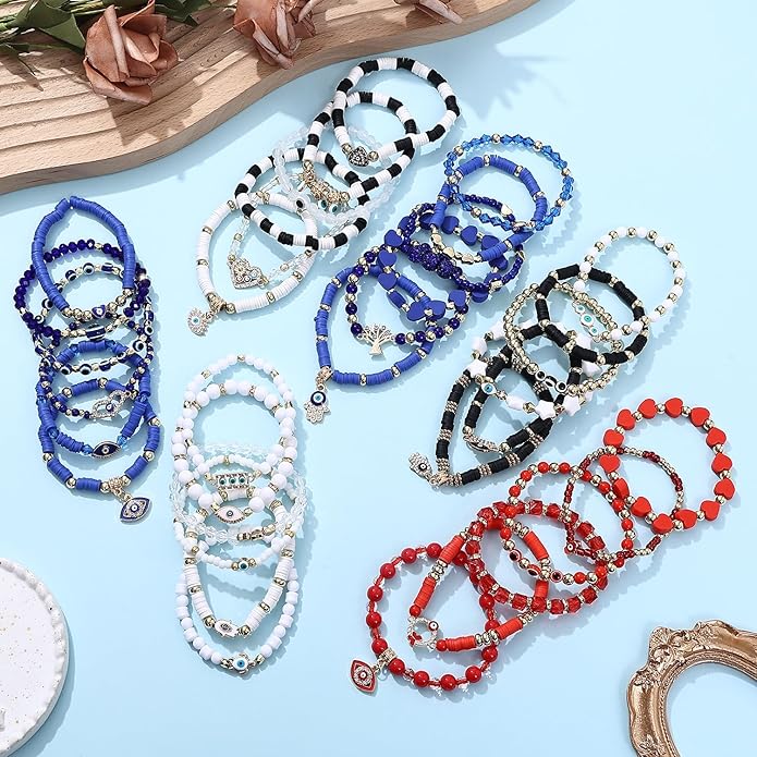 Cooluckday 36 Pcs Holiday Heishi Surfer Bracelets for Women Bulk Easter Mother's Day Christmas St. Patrick's Day Mardi Gras Bracelet Stackable Stretch Friendship Bracelets Set