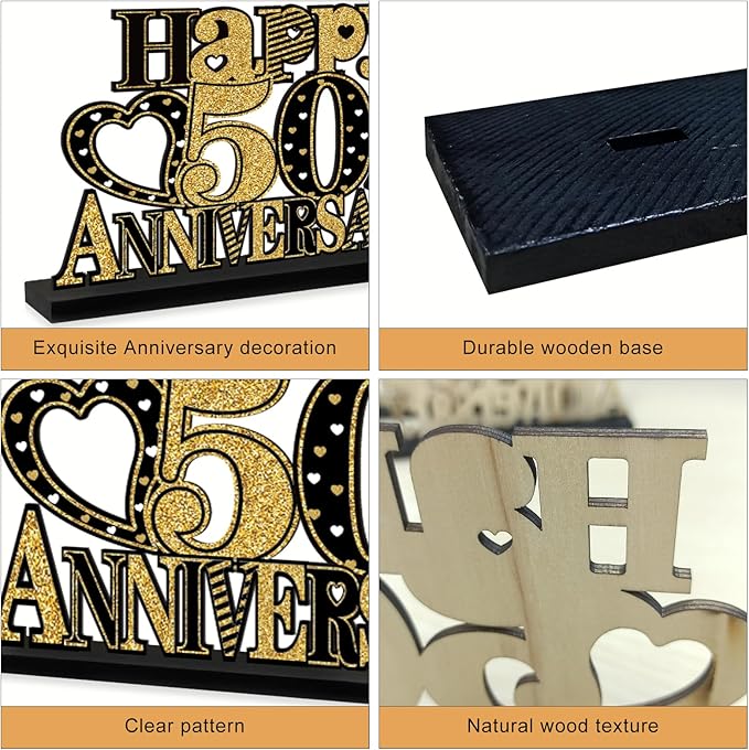 Eiurteao 4 Pieces 50th Anniversary Decorations Married in 1976 Wooden Table Sign, Black Gold Happy 50 Wedding Anniversary Table Centerpieces Party Supplies, Cheers to 50 Year Anniversary Table Decor