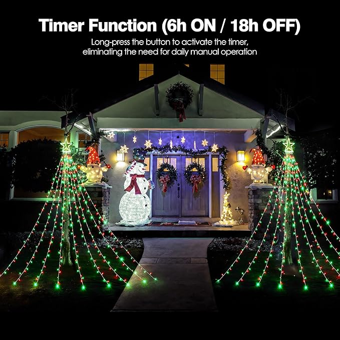 BlcTec Outdoor Christmas Decorations 317 LEDs Christmas Lights with 9 Strands 11.9ft Waterfall Christmas Tree Lights, 8 Modes, Waterproof, Topper Star & Timer for Yard Patio Xmas Décor, Red Green