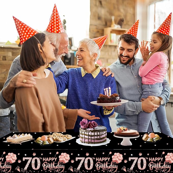 Parfundg 3 Pack 70th Birthday Tablecloth Decorations for Women, Rose Gold Happy Seventy Birthday Theme, Rectangular Plastic Disposable Table Cloth Decor, 54 x 108 Inches