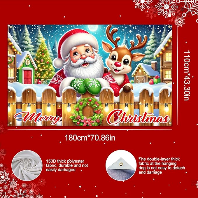 Merry Christmas Santa Reindeer Banner 71x43 Inches Merry Christmas Tree Scene Banner Holiday Photography Background Indoor Outdoor Seasonal Party Wall Decoration Winter Backdrop