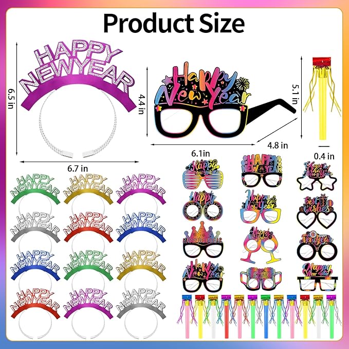 Openfly 36Pcs New Years Eve Party Supplies 2026 Happy New Year Hats Headband Tiara Noise Makers Paper Glasses Party Favors