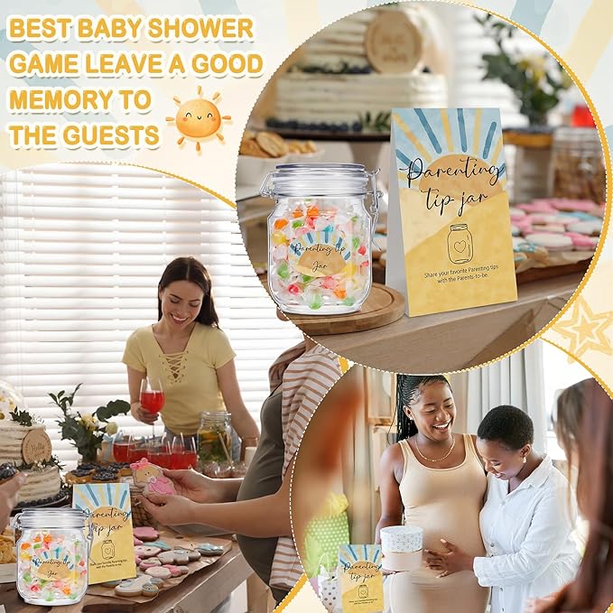 Roowest Baby Shower to Baby Advice Cards for New Parents to Be - Tip Jar Sign for New Parents 60 Parenting Advice Cards 10 HB Pencils 2 Cute Stickers 1 Pet Bottle for Guests Games (Sun)