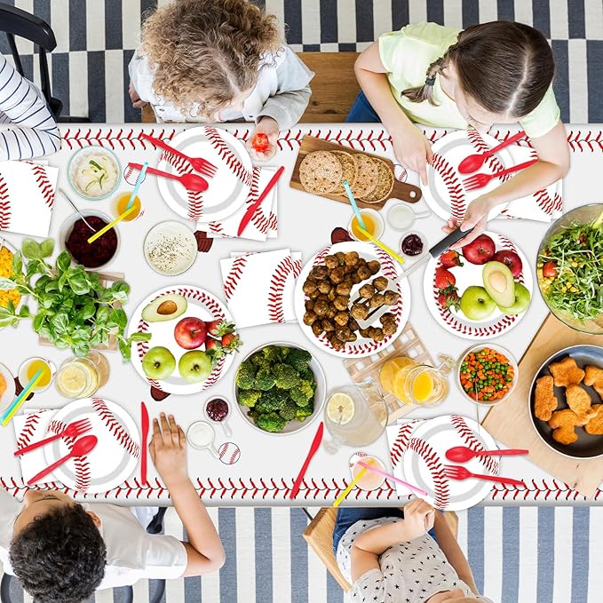 184 PCS Baseball Birthday Party Decorations Pack Baseball Party Supplies Tableware Set Including Happy Birthday Banner, Plates and Napkins, Knives, Forks, Cups, Swirls, Tablecloth for Baseball Party