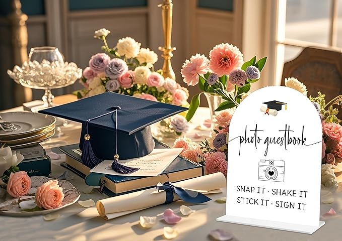 Graduation Photo Guestbook Sign, 6 x 8 Inch White Arch Acrylic Grad Party Sign with Holder, Graduation Party Sign for Class of 2026, Grad Decor, High School College Party Supplies - DL09