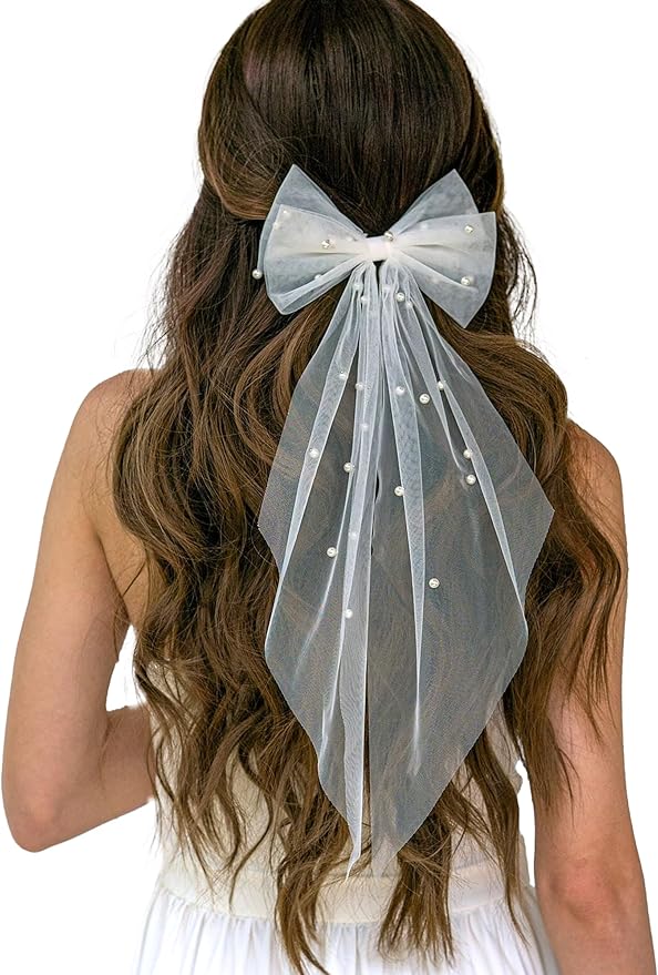 Bridal Veil Bachelorette Party Veil White Bow Wedding Veil Elegant Tulle Layer Hair Clip for Women and Girls