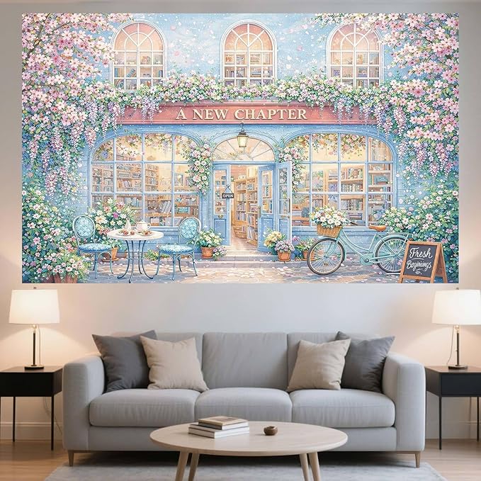 20X10ft A New Chapter Begins Backdrop Bridal Shower Blue Floral Book Shop Wedding Engagement Photography Background Bridal Shower Party Decoration Supplies Cake Table Photo Booth Studio Props