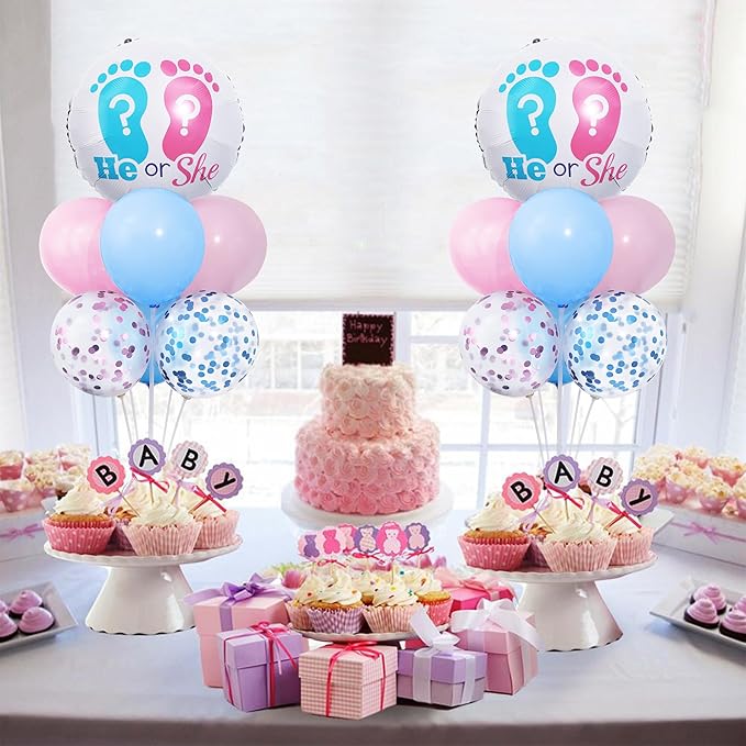 Gender Reveal Balloon Table Centerpiece Stand Kit 2 Set for Table, Gender Reveal Party Decorations with 18in Boy or Girl Foil Balloons and Pink Blue Confetti Latex Balloons