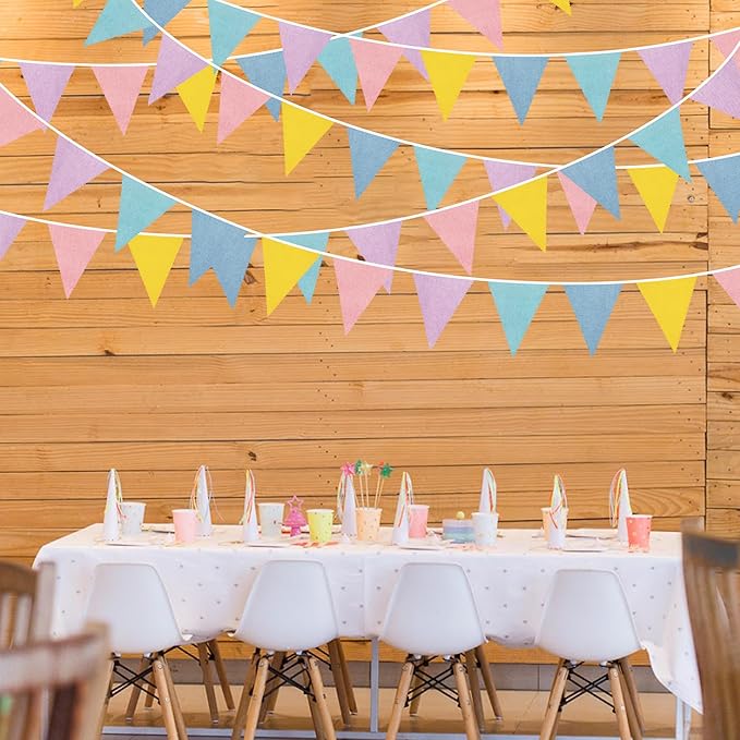 46Ft Pastel Party Decorations Macaron Burlap Banner Triangle Pennant Flag Macaron Linen Bunting Garland Streamers for Vintage Pastel Birthday Wedding Baby Shower Easter Spring Party Decorations