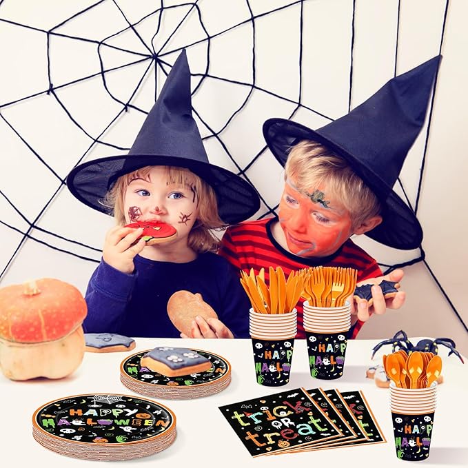 175 Pcs Halloween Tableware Party Supplies Set - Serves 25, Spooky Happy Halloween Disposable Dinnerware, Includes Plates, Cups, Napkins, Forks, Spoons, Knives for Trick or Treat Favors