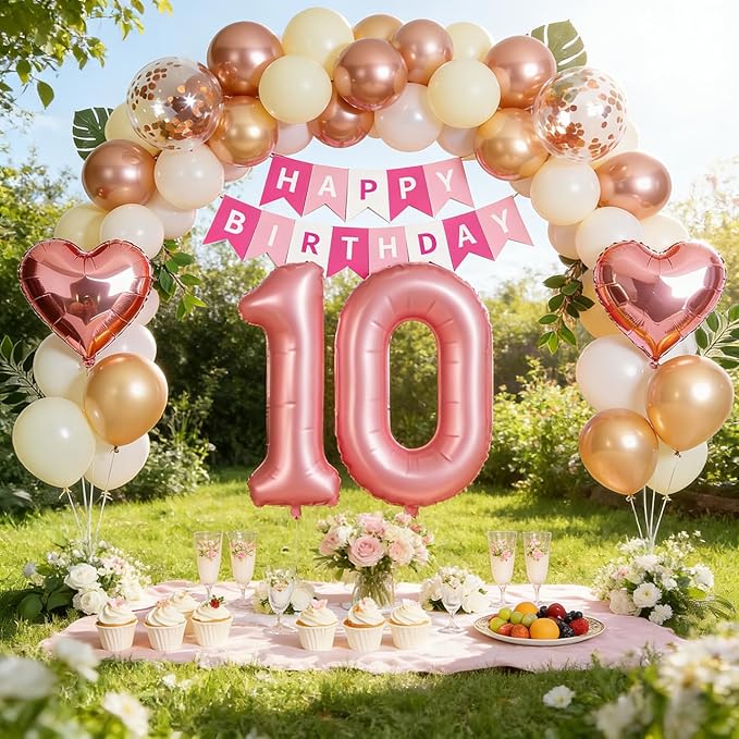 10th Birthday Decorations for Girls, Rose Gold and Hot Pink Double Digits Party Supplies with Happy Birthday Banner, Number 10 Balloon and Foil Fringe Curtains