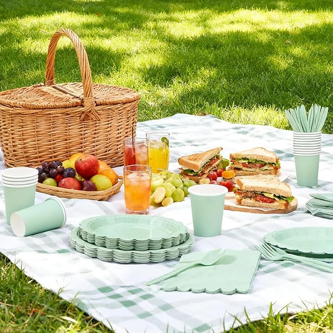176 PCS Sage Green Party Decorations Includes Plates, Napkins, Cups, Cutlery, Tablecloth for Wedding Bridal Shower Birthday Baby Shower Party Decorations, Serves 25