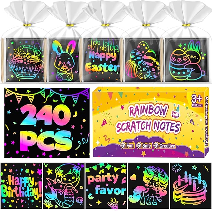 FUNNYB&G 240 PCS Rainbow Scratch Paper Art Kit for Kids, Easter Party Favors Goodie Bags Stuffers, Bulk Birthday Classroom Gifts Easter Basket Stuffers for Girls Boys Ages 4-12