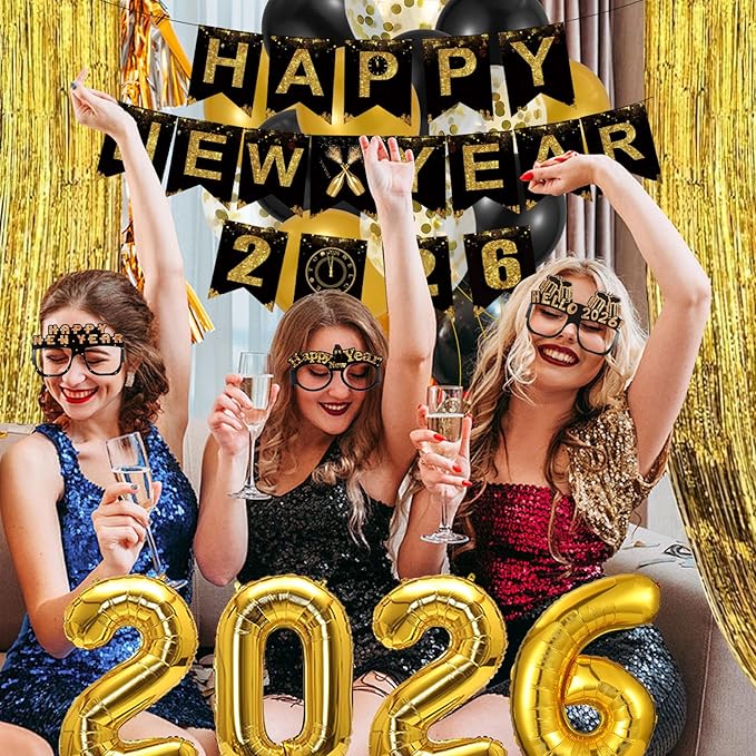 Happy New Year Decorations 2026, New Years Banner Foil Curtain Cone Hats Glasses Photo Props Headband Noisemakers Squakers 2026 Foil Ballons Accessories for Eve Celebration Decorations Favors