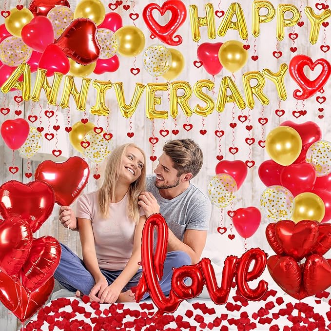 Happy Anniversary Decorations with Gold Happy Anniversary Banner, Red Heart Balloons, Love Balloon, Silk Rose Petals and Heart Hanging Decor for Valentines Day, Wedding, Bridal Shower Decorations