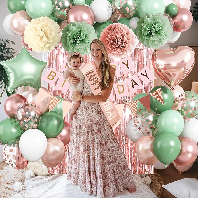 Rose Gold and Sage Green Birthday Decorations, Retro Avocado Green Party Décor with Foil & Latex Balloons Sash Fringe Curtains Happy Birthday Banner Cake Topper Paper Pompoms Decor for Women Girl