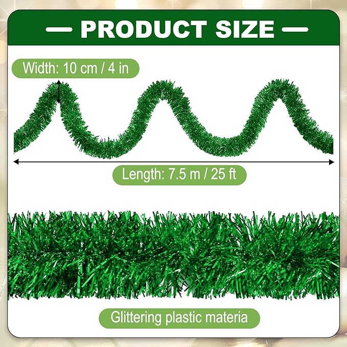25 Feet Christmas Tinsel Garland, Metallic Twist Garland Wall Hanging Tinsel Garland Backdrop for Parade Floats, Carnival, Birthday, Wedding, New Year Party Decorations (Green, 4in x 25ft)