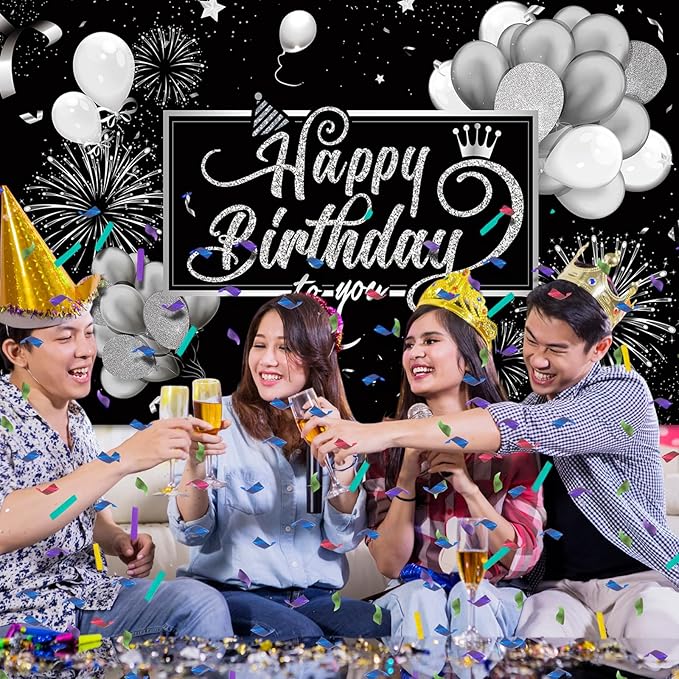 Blulu Happy Birthday Backdrop Banner Sign Poster Large Fabric Glitter Balloon Fireworks Sign Photo Backdrop Background for Birthday Party Decoration Supplies, 72.8 x 43.3in(Black and Sliver)