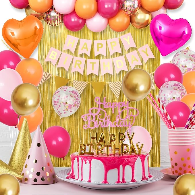 Pink Orange Party Decorations,Birthday Decorations with Hot Pink Orange Gold Balloons Happy Birthday Banner Fringe Curtain for Girls Women Teens Kids Party Decor