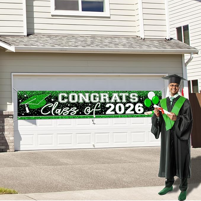 Graduation Decorations 2026 Yard Sign Large Class of 2026 Banner Green Congrats Grad Graduation Party Games Supplies (Green)