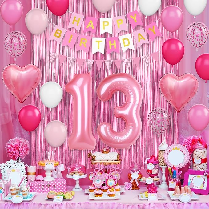 13th Birthday Decorations for Girls,Hot Pink 13th Birthday Balloons with Happy Birthday Banner Fringe Curtain Heart Foil Balloons for 13 Year Old Birthday Decor