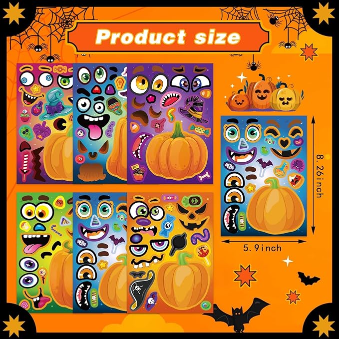 Halloween Stickers for Pumpkins 24 PCS Make-a-Face Stickers Halloween Pumpkin Craft Stickers, Make Your Own Halloween Stickers Halloween Party Favors Treats Party Games Goody Bag Filler