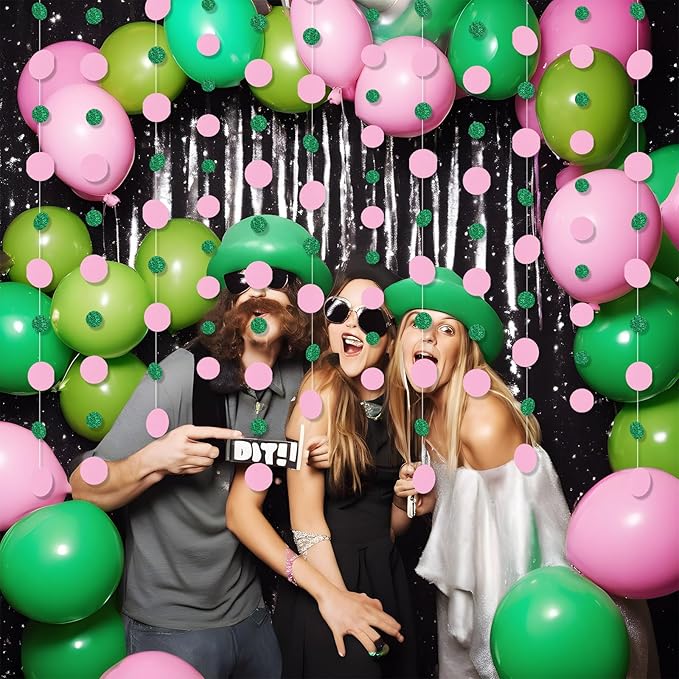 Outus 5 Pieces Pink,Green Round Dots Garland Easter Graduation Party Hanging Decor Each Length 13.1ft Glitter Paper Dot Streamers for Birthday Wedding Classroom