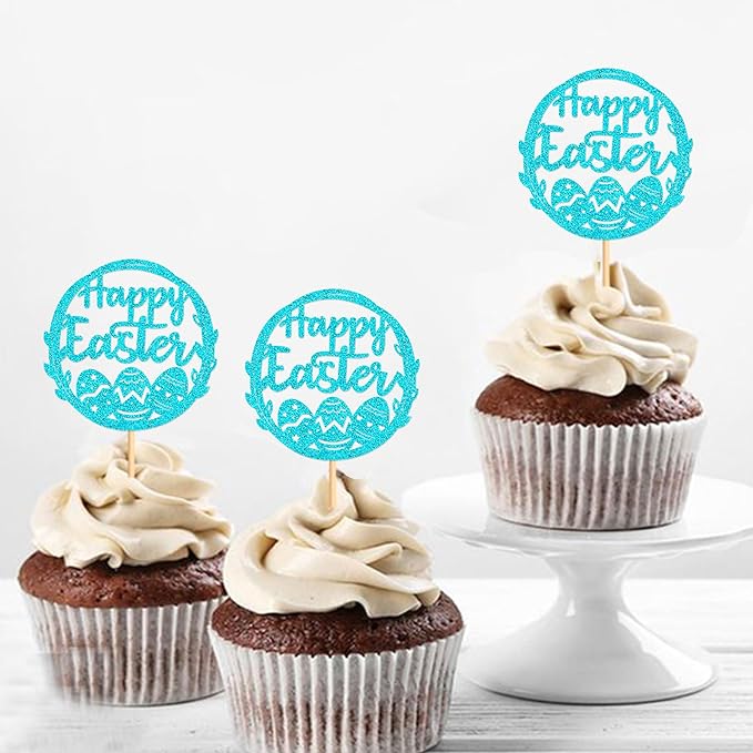 Ercadio 24Pcs Happy Easter Cupcake Toppers Glitter Blue Happy Easter Eggs Cupcake Picks for Easter Day Theme Baby Shower Easter Birthday Wedding Anniversary Party Cupcake Decorations