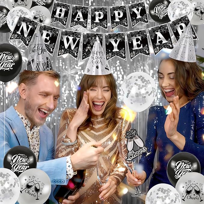 73pcs Black Silver New Years Eve Party supplies Including New Years Hats Happy New Year banner Photo Props Fringe Curtain Backdrop Noisemaker Balloons for New Year's Eve Party NYE Decorations 2026