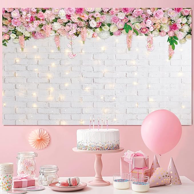 Flower Wall Backdrop Glitter White Brick Wall Mother's Day Flowers Photography Background Mother's Day Wedding Bridal Baby Shower Birthday Party Spring Theme Decor Photo Booth Props (8x6FT)