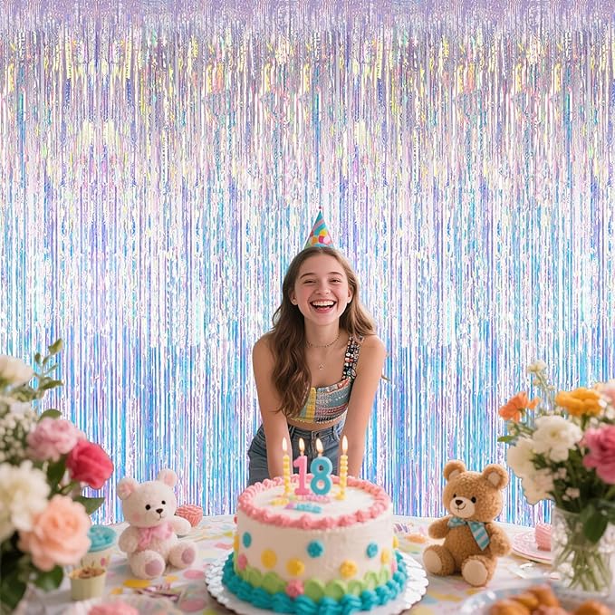 Iridescent Party Decorations Fringe Backdrop, Sparkling Holographic Foil Fringe Tinsel Curtains for Frozen Mermaid Birthday Party Decor - 3.28x6.56ft 2 Packs