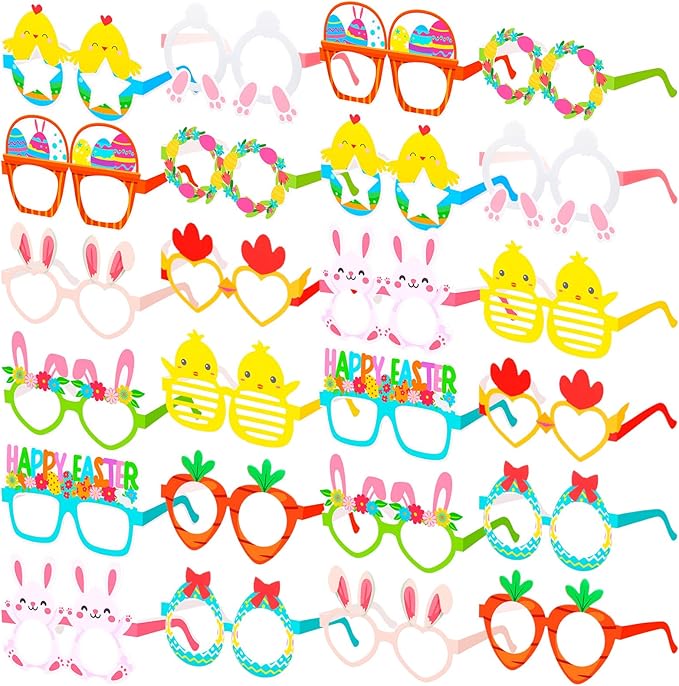 24 Pcs Easter Party Paper Glasses Frame Funny Bunny Ears Colorful Eggs Chick Eyeglasses for Easter Party Favors Decorations Photo Booth Props Basket Stuffers