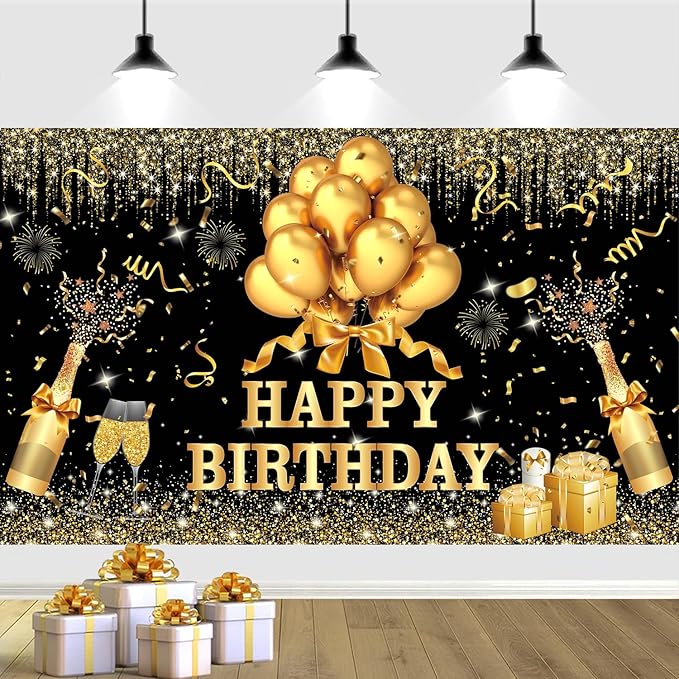YinQin 180x120 cm Glitter Golden Black Happy Birthday Party Photography Backgrounds Backdrops Cloth 71x47 inch Shiny Black Gold Happy Birthday Sign Banner Bday Party Supplies Decoration for Women Men