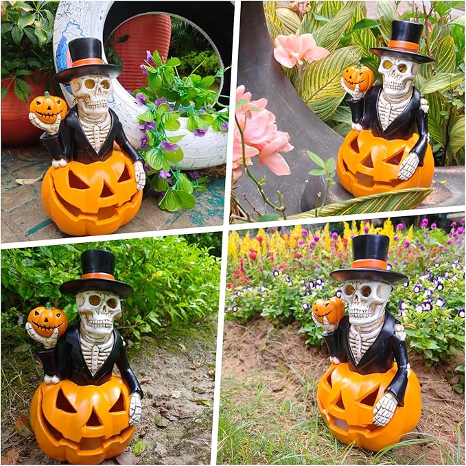 Solar Outdoor Decorations Wizard Skeleton with Pumpkin Figurine Lights, Fall Pumpkin Garden Decor for Yard Patio Porch, LED Skull Gothic Party Accessories, Home Gift for Mardi Gras Shrove Tuesday