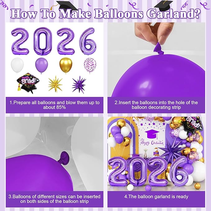 Graduation Balloons Garland Arch Kit, Graduation Balloons Class of 2026, Purple and White Gold Latex Balloon with Foil Balloon for Class of 2026 Party Decor