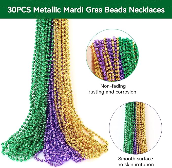 HOOSUN 30 Pack Mardi Gras Beads Necklaces Bulk,Mardi Gras Decorations Accessories Party Favors,Gold Green and Purple Carnival Decor St Patricks Day Necklace Party Supplies for Party,School Event,Home