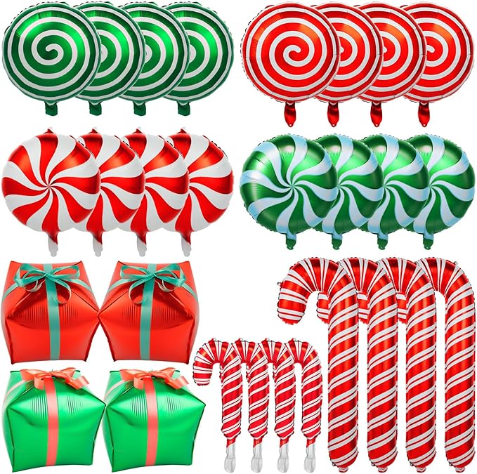32Pcs Christmas Balloons, Christmas Candy Cane Foil Balloons with Ribbons, Red Green Mylar Balloon for Party Decorations