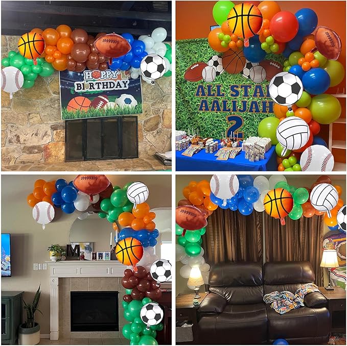 Sports Balloon Arch Garland Kit, 115Pcs Sports Party Baseball Soccer Basketball Football Helium Balloons Blue Green Orange Sport Latex Balloon for Boys Sport Themed Birthday Party Decorations Supplies
