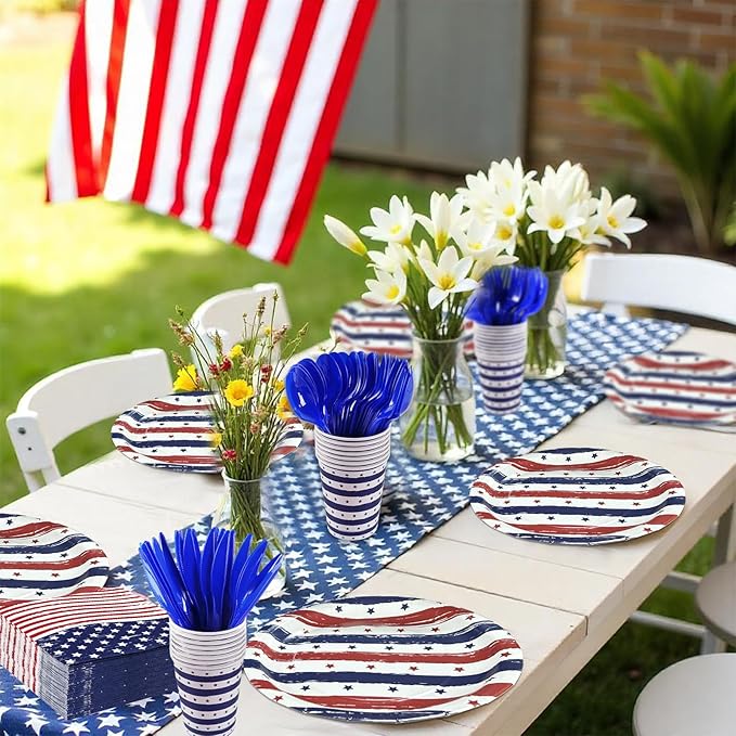OuMuaMua Patriotic Party Supplies 184 Pcs American Flag Themed Tableware Set 4th of July Disposable Paper Plates Napkins Cups and Banner for Independence Day Memorial Day Party Decorations Serves 25