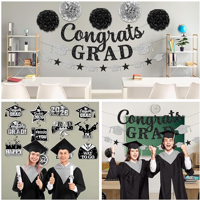 Graduation Decorations 2026, Glitter Congrats Grad Banner Hanging Swirls and Tissue Pom Poms, Black and Silver Graduation Decorations for Class of 2026 College Graduations Party Decorations