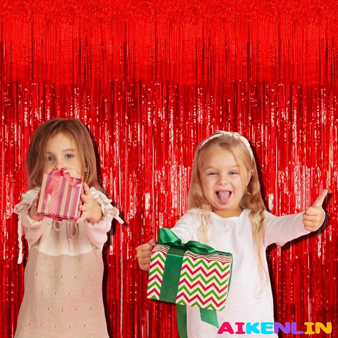 4 Pack 3.2Ft x 8.2Ft Red Foil Fringe Curtain Backdrop, Metallic Tinsel Foil Fringe Streamers Curtains Background for Photo Booth, Birthday, Wedding, Disco, Bachelorette, Christmas Party Decoration