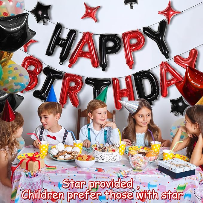 3D Mylar Foil Happy Birthday Banner, 26pcs Party Decorations With 8pcs Star Balloons for Men Women Adults, Ecofriendly Supplies, Black Red