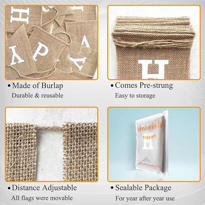 Uniwish Happy Birthday Burlap Banner Neutral Happy Birthday Party Decorations Boho Rustic Bunting Sign Swallowtail Flags, 2 in 1