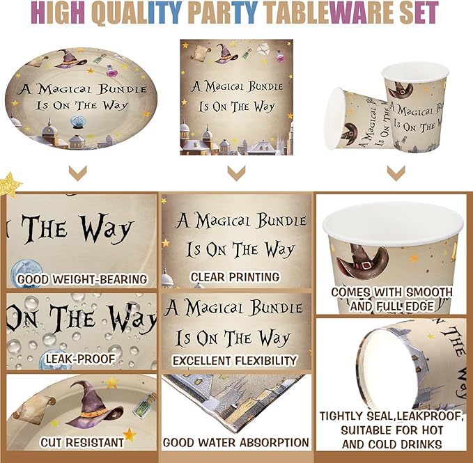 Hushee 200 Pcs Magical Wizard Baby Shower Paper Plates Napkins Cups Baby Shower Party Supplies Tableware Set Magical Wizard Theme Disposable Cup Napkin for 50 Guest Sets Party Decoration Boy Girl