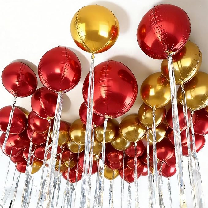 Red and Gold Round Balloons Foil, 12 Pcs Round Shaped Balloon 4D Different Size 22" 18" 15" 10", Metallic Gold Red Balloons for Xmas Prom Graduation Baby Shower Birthday New Years Party Decorations