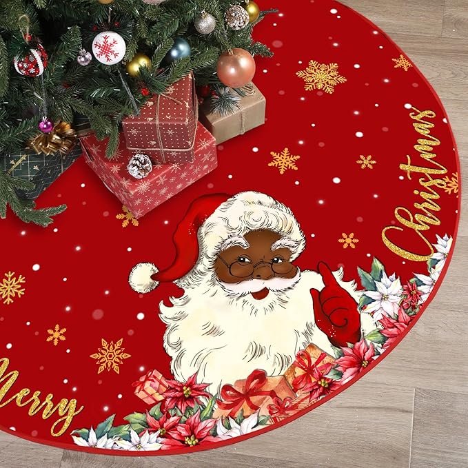 48 Inch Christmas Tree Skirt Double Layer Large Snowflake Xmas Tree Mat Decor for Winter Holiday Party Indoor Outdoor Christmas Decorations(Red,Santa Claus)