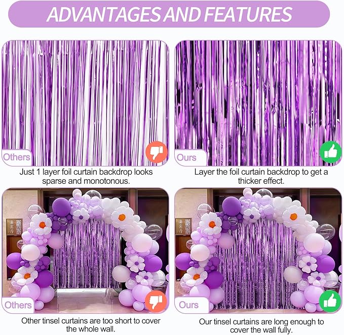 2 Pack Purple Foil Fringe Curtains Door Streamers Party Decorations 3.3 x 8.2 ft, Tinsel Curtain Fringe Backdrop for Parties, Door Fringe Birthday Streamers, Photo Booth Backdrops, Party Decor