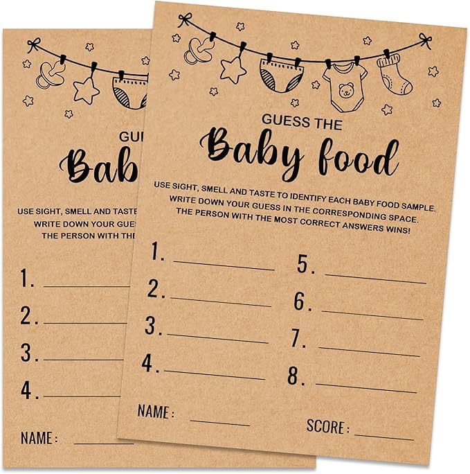 Baby Shower Game, Guess the Baby Food Baby Shower Game, Gender Reveal Party Supplies, Baby Shower Decorations, Baby Shower Party Games Supplies & Activities, Set of 30 Cards, Kraft